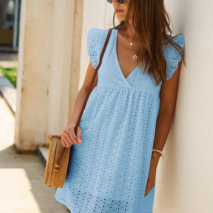 Casual Cotton Ruffle Strap Smocked Eyelet Mini Dress