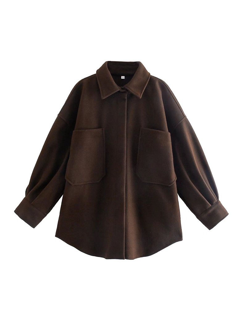 Camel Double Pocket Front Longline Shacket Trucket Shirt Jacket With Front Pocket Detail