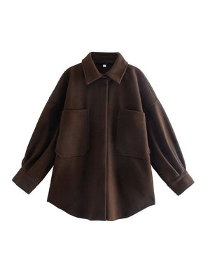 Camel Double Pocket Front Longline Shacket Trucket Shirt Jacket With Front Pocket Detail