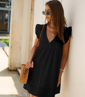 Casual Cotton Ruffle Strap Smocked Eyelet Mini Dress