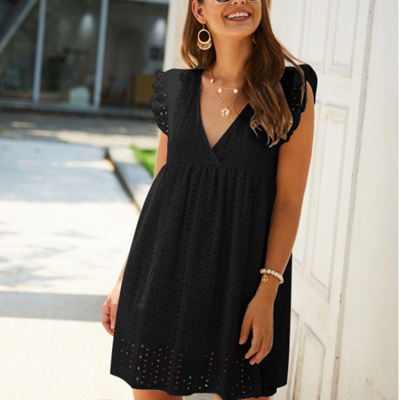 Casual Cotton Ruffle Strap Smocked Eyelet Mini Dress
