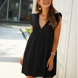 Casual Cotton Ruffle Strap Smocked Eyelet Mini Dress