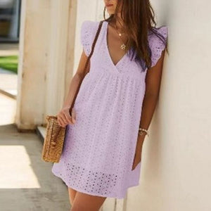 Casual Cotton Ruffle Strap Smocked Eyelet Mini Dress