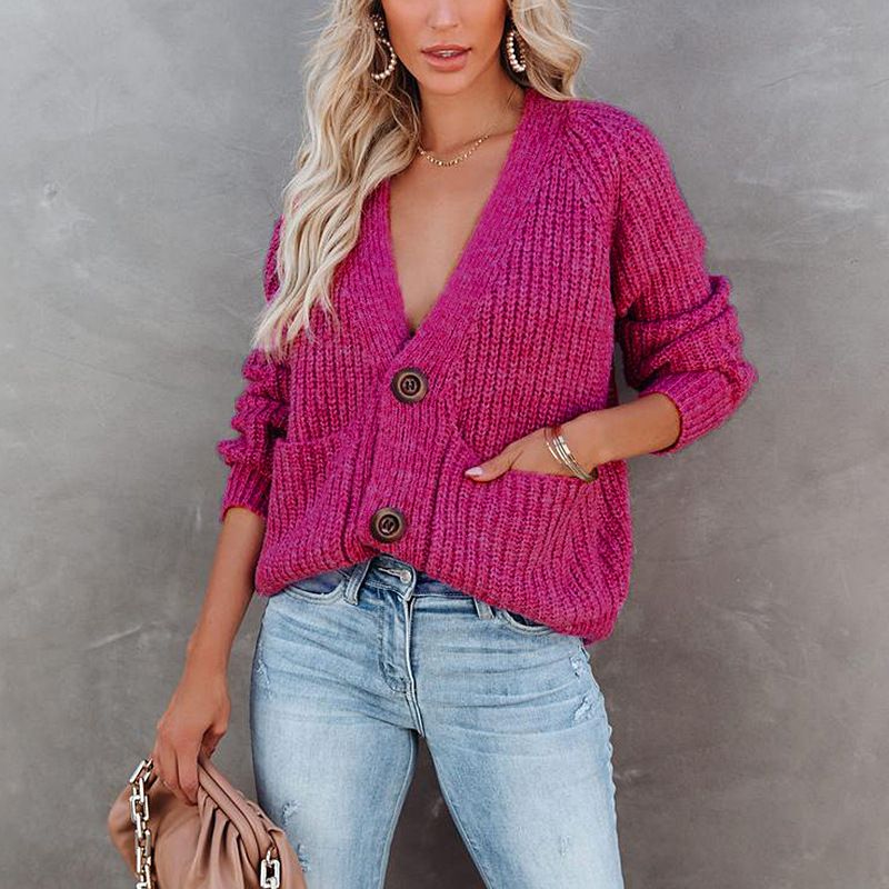 Casual Baggy Ribbed Knit V Neck Button Up Cardigan Sweater With Pocket