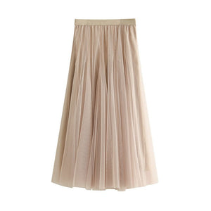 Slimming Flowy Pleated Tulle Midi Skirt For Big Thigh