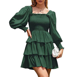 Square Neck Shirring Tiered Frill Layered Mini Dress Puff Sleeves
