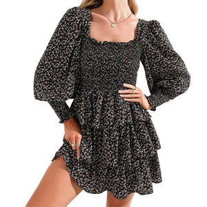 Square Neck Shirring Tiered Frill Layered Mini Dress Puff Sleeves
