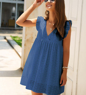 Casual Cotton Ruffle Strap Smocked Eyelet Mini Dress