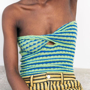 Rainbow Stripes Crinkle Smocked Cut Out Twisted Strapless Top Longline Bandeau