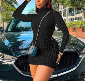 Elastic Fit Side Criss Cross Ruched Long Sleeve Turtleneck Jumper Bodycon Dress