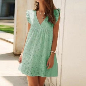 Casual Cotton Ruffle Strap Smocked Eyelet Mini Dress