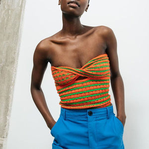 Rainbow Stripes Crinkle Smocked Cut Out Twisted Strapless Top Longline Bandeau