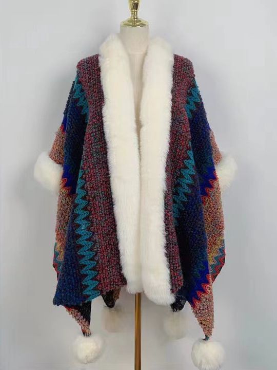 Boho Hippie Chic Rainbow Chunky Knitted Faux Fur Trim Pom Pom Poncho Shawl Coat