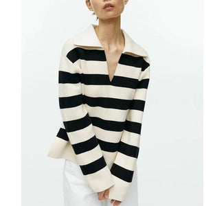 Relaxed Boxy Fit Striped Collared Polo Shirt V-Neck Knit Cotton Jumper Sweater