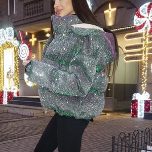 Sparkly Padded Quilted Puffer Jacket With Hood