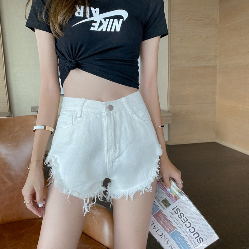 Hip Hop Frayed Destroyed Denim Shorts With Side Chain Ties
