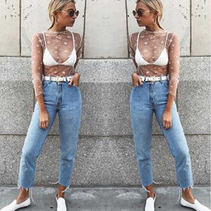 Sexy High Neck Sheer Star Mesh Shirt Top