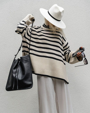 Oversized Baggy Block Striped Wool Cotton Blend Turtleneck Sweater With Slit
