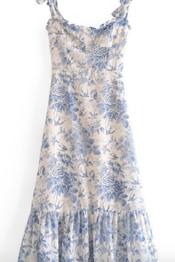 Blue Floral Smocked Print Ruffle Hem Edged Sleveless Midi Dress