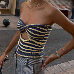 Rainbow Stripes Crinkle Smocked Cut Out Twisted Strapless Top Longline Bandeau