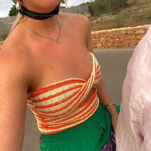Rainbow Stripes Crinkle Smocked Cut Out Twisted Strapless Top Longline Bandeau