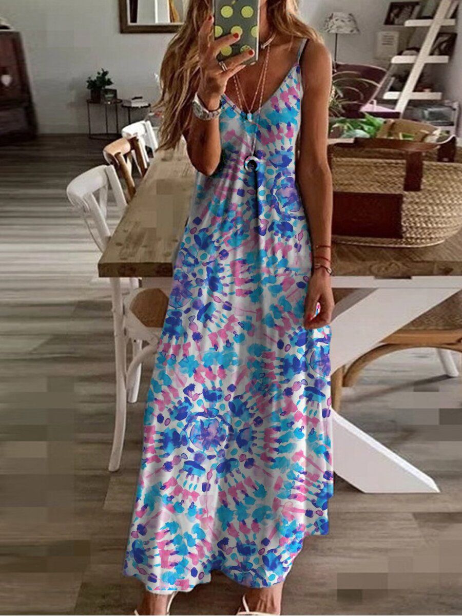 Sun Tie Dye Painted Hawaiian Floral Spaghetti Long Sun Dresses