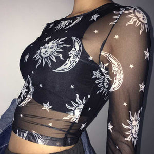 Retro Angel Cherub Printed Sheer Mesh High Neck Crop Top sunifty