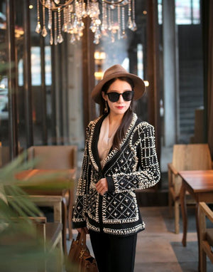 Classy Brand Full Embellishments Beaded One Button Black Blazer