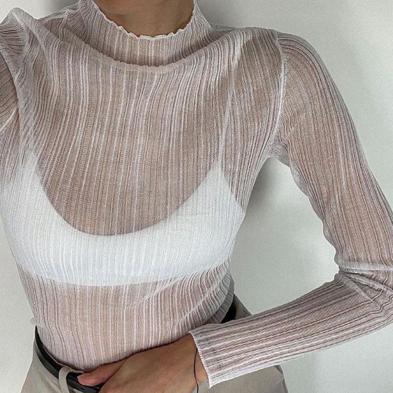 See Thru Pleated Rib Flare Long Sleeve Mesh Sheer Top