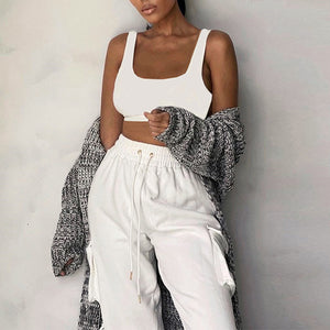 Sporty Crop Top and Pocket Detail Jogger Tracksuit Pant Set
