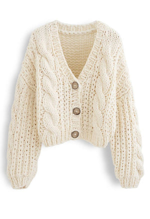 Hand Knitted Braid Chunky Cable Knit V Neck Button Crop Cardigan Sweater