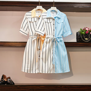 Two Piece Slimming Stripe Color Block Midi Shirt Dress