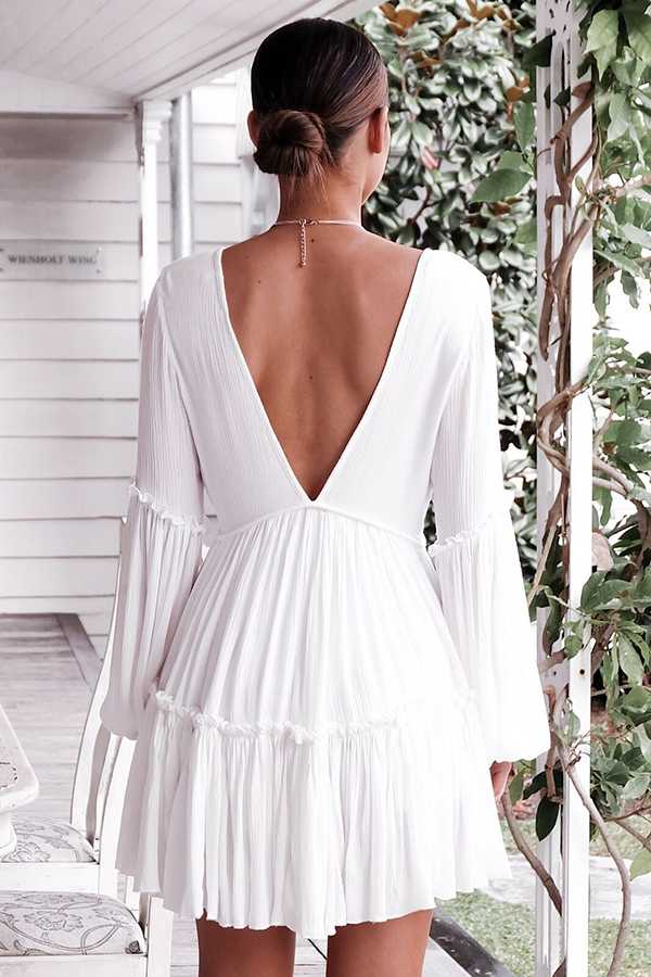 Casual Ruffle Trimmed Long Puff Sleeve V Cut Out Back V Neck Dress