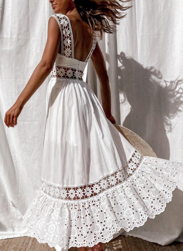 Broderie Anglaise Contrast Lace Dress With Patchwork Frilly Thick Strap