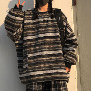 Retro 90s Color Block Tribal Stripe Slouchy Baggy Long Sleeve Sweater