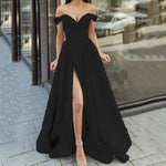 Super Simple Formal V-Neck Off Shoulder Thigh Slit Satin Prom Dress