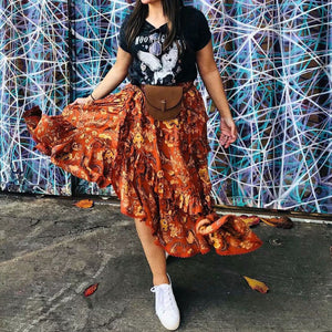 90s Fashion Retro Elastic Waist Paisley Ruffle Midi Skirt sunifty