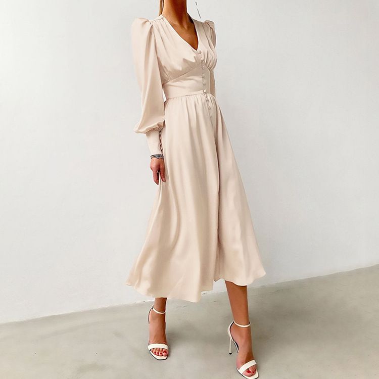 Glossy Retro Button Lantern Sleeve Satin Flowy Nye Midi Dress – sunifty