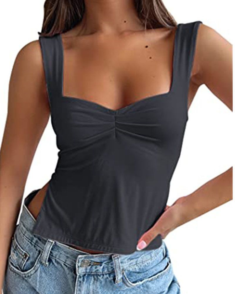 Women¡¯s Fitted Shirred Sweetheart Neck Sleeveless Basic Tank Top With Side Slits