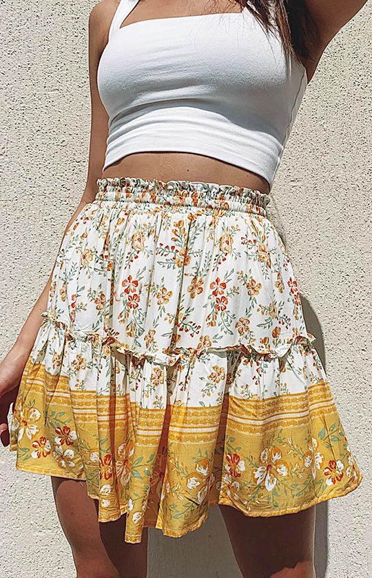 Aesthetic Hibiscus Paisley Elastic Band Boho Floral Tie Front High Waist Layered Ruffle Floral Skirt