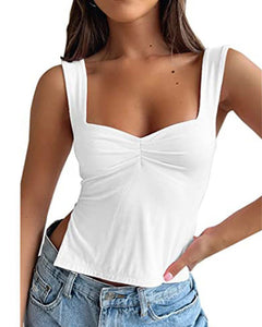 Women¡¯s Fitted Shirred Sweetheart Neck Sleeveless Basic Tank Top With Side Slits