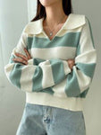 Relaxed Boxy Fit Striped Collared Polo Shirt V-Neck Knit Cotton Jumper Sweater