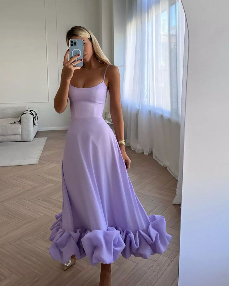 Women's Elegant Raffled Hem Sleeveless Midi Dresses, Sky Blue / M Women's Elegant Raffled Hem Sleeveless Midi Dresses, Sky Blue / M