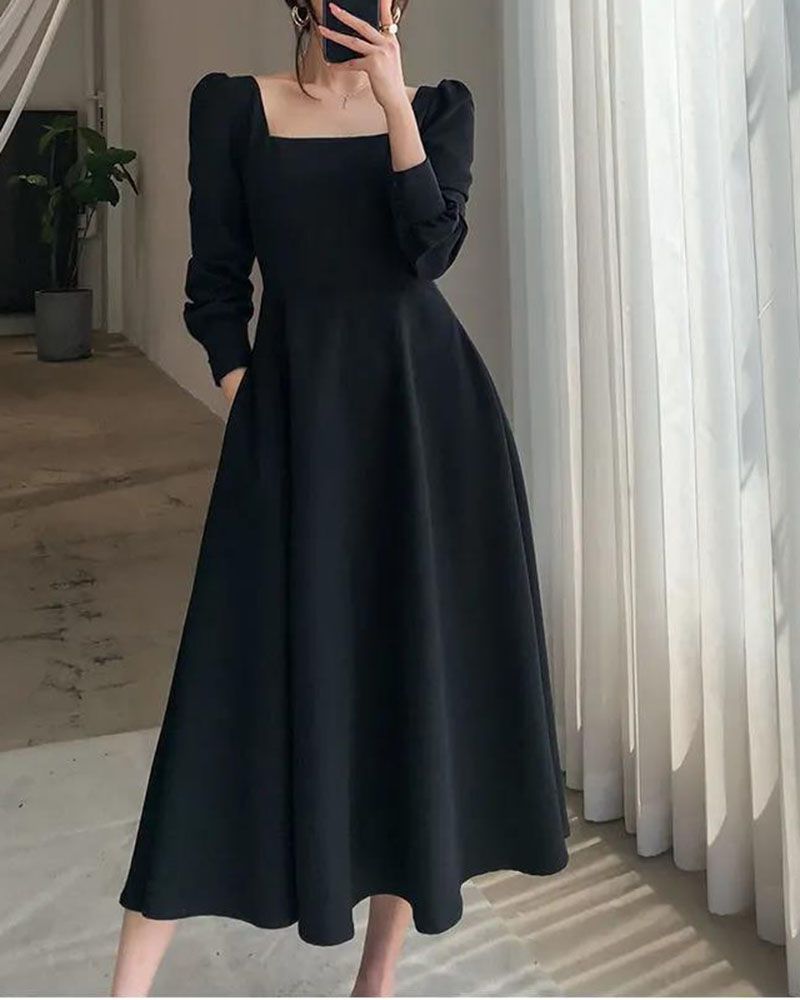 All Black Slim Puff Long Sleeve Square Neck A Line Midi Dresses That H –  sunifty
