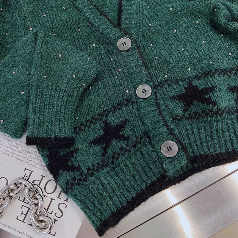 Cystal Embellished Alpaca Wool Blend Stars Knitted Cardigan Coat