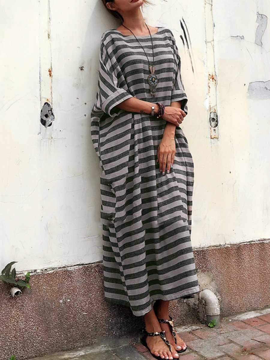 Oversized Casual Striped Maxi Dress With Sleeve