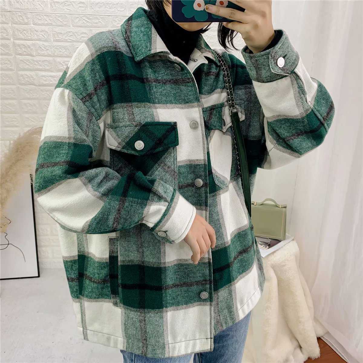 Classic Thick Colorblock Checked Button Down Shirt Jacket Woolen