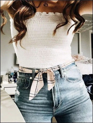 Curved Hem Trimmed Scrunch Tie Up Shoulder Ruched Crop Top Tanks