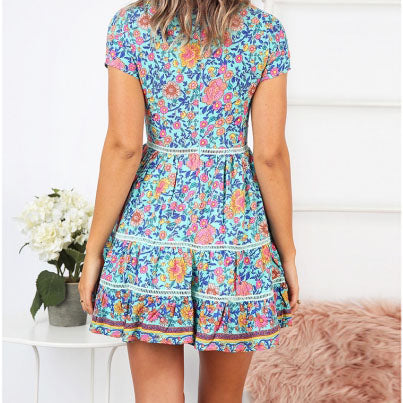Trimming Boho Floral Button Down Flowy Mini Dress