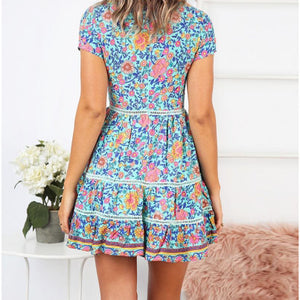 Trimming Boho Floral Button Down Flowy Mini Dress
